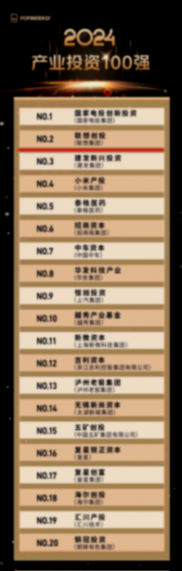 聯想創投榮登FOFWEEKLY“2024產業投資100強”榜單第二位 LCIG 榮譽