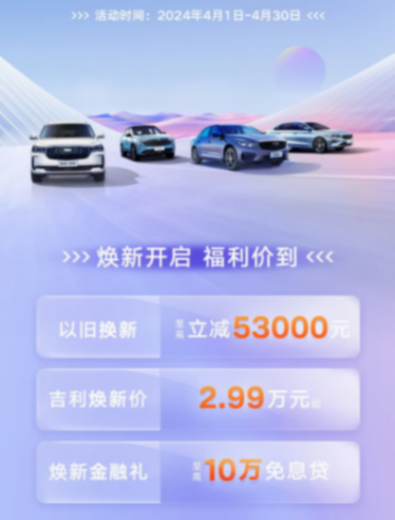 吉利公布4月份購車政策,以舊換新至高抵5.3萬,涉及多款主力車型