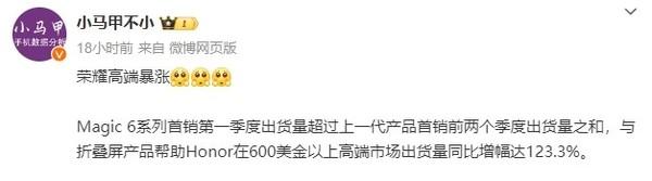 榮耀Magic6首銷第一季度出貨量暴漲 超上代兩季度之和