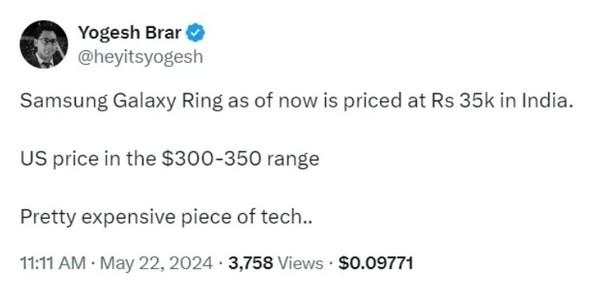 逆天!三星Galaxy Ring智能戒指價格曝光 最高2500元?