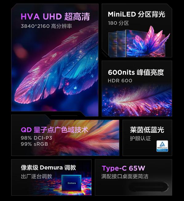 雷鳥推出U6 27寸QD-MiniLED顯示器新品,65W USB-C快充,全功能拓展