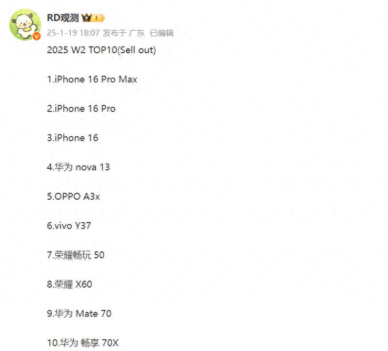 W2單品銷量Top10出爐,蘋果與華為唱起了二人轉