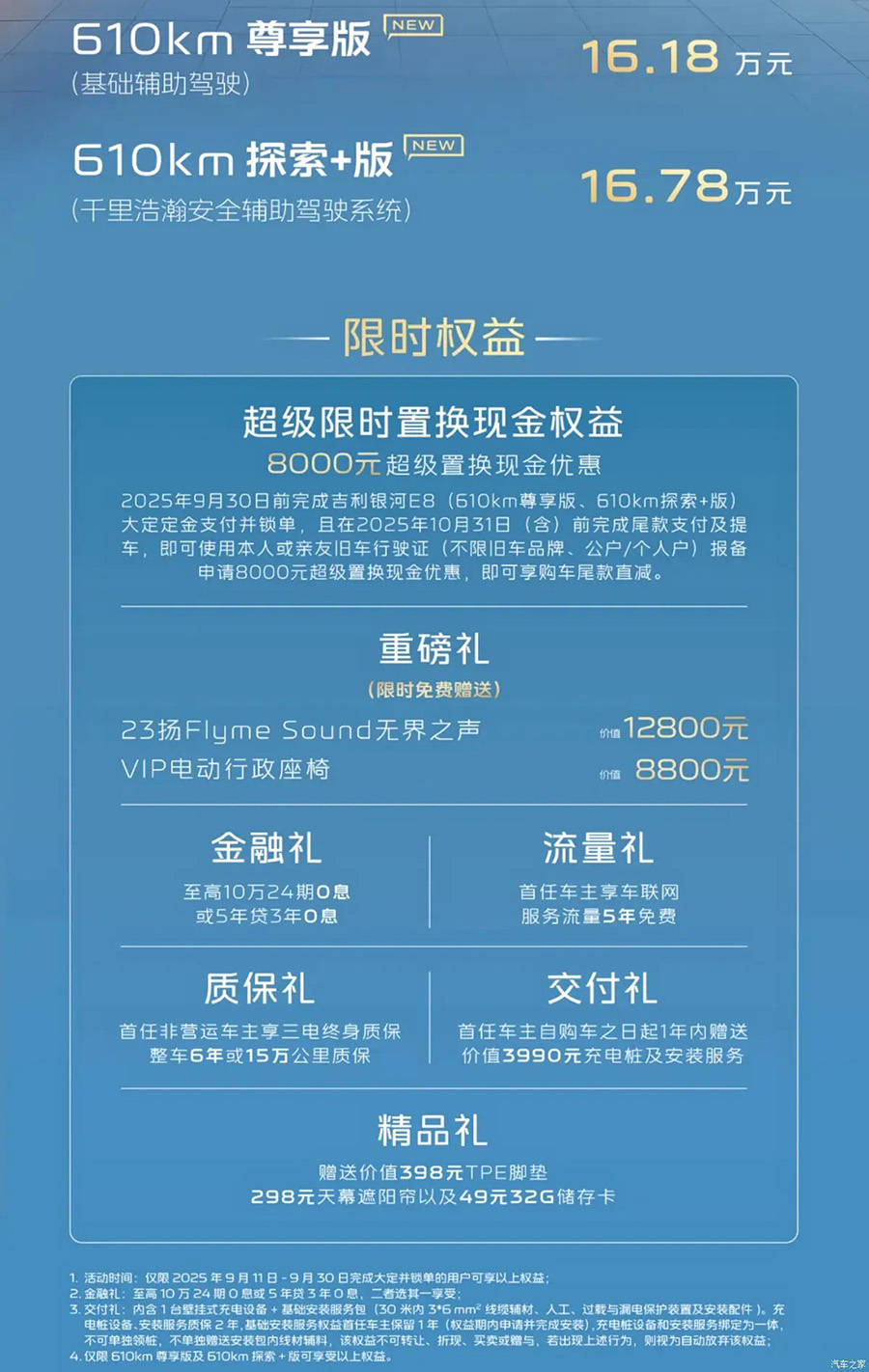 吉利銀河E8長續航車型上市 售價16.18萬起/610km續航